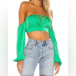NWT Revolve Superdown Reyba Off Shoulder Crop Top in Kelly Green Silk Tie Sleeve